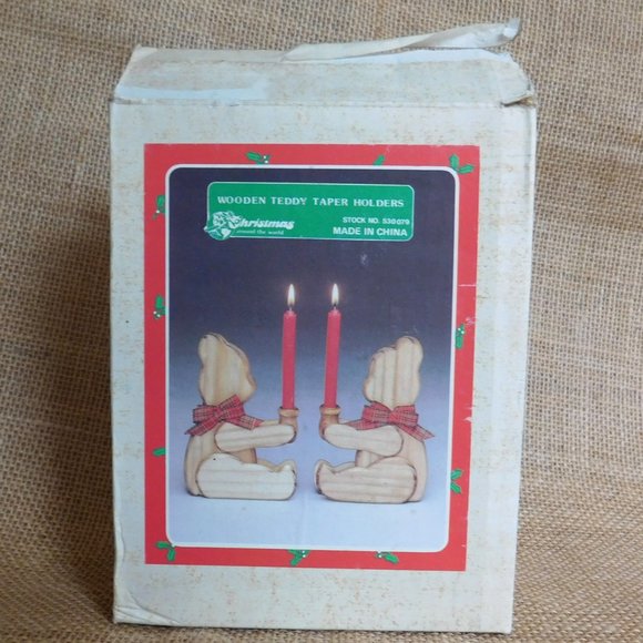 Wooden Teddy Bear Taper Candle Holders  Set Lloyds  Christmas Around the World - Picture 4 of 6